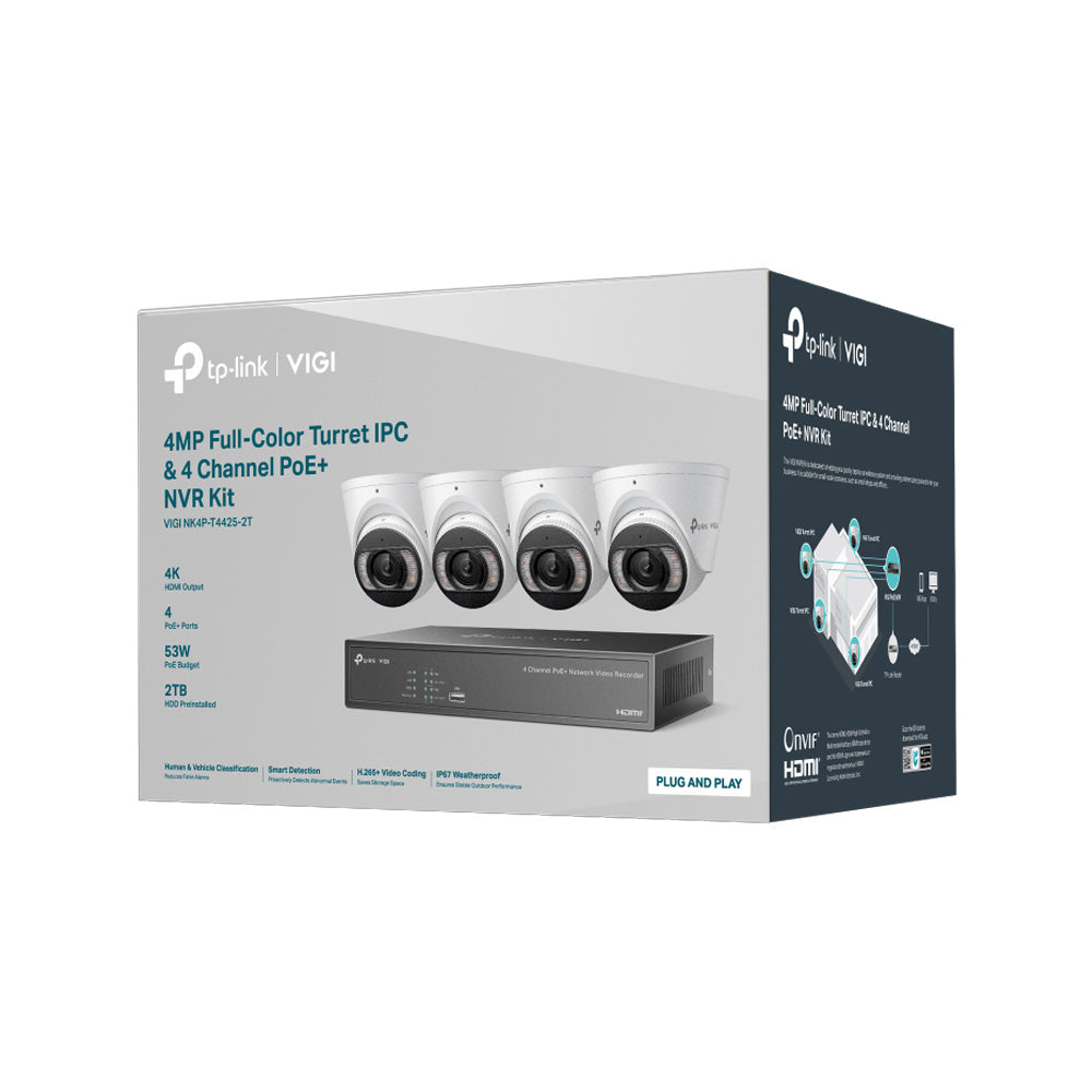 TP-Link VIGI NK4P-T4425-2T 4MP Plenkolora Gvattureto IPC &amp; 4 Kanalo PoE+ NVR KIT