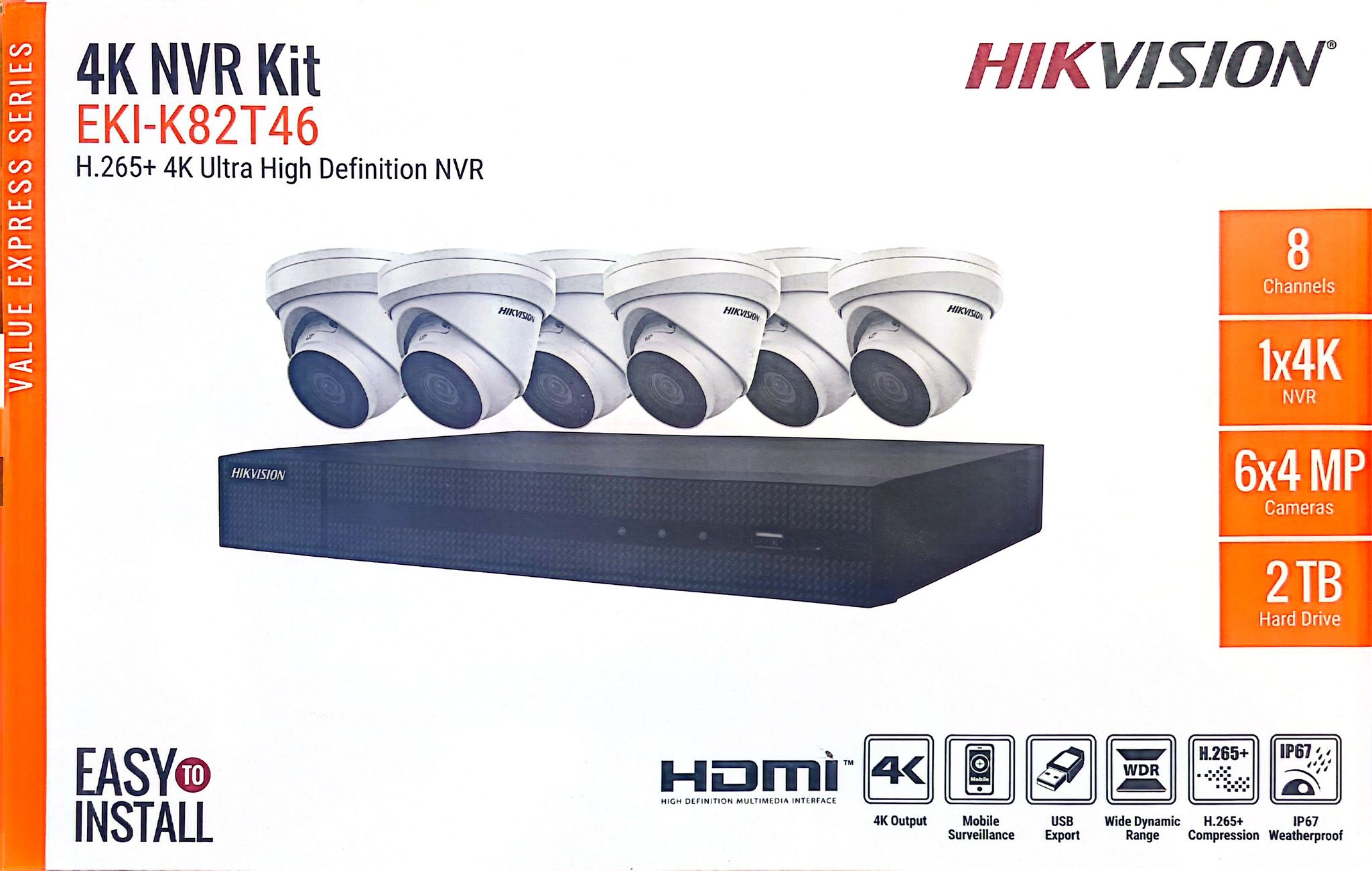 Hikvision IP Security Camera Kit 8 Channel 4K NVR with 6 x 4MP Turret Cameras EKI-K82T46