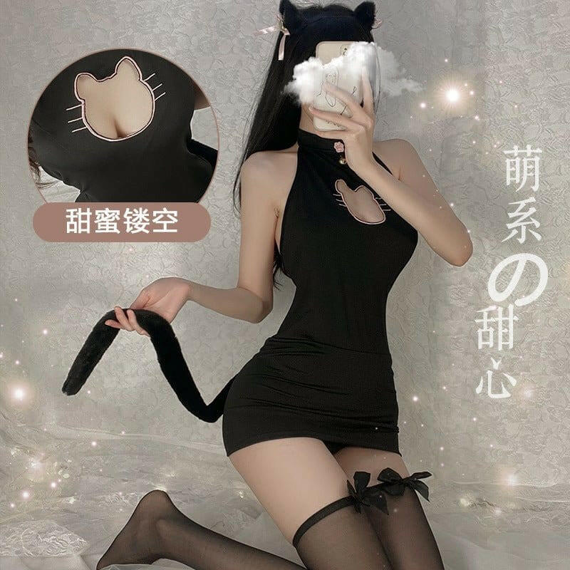 GR 情趣内衣/套装 镂空露乳挂脖猫女郎制服套装