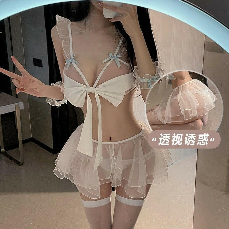 GR 情趣内衣/套装 甜美蝴蝶结露乳甜美女仆网纱透明制服套装