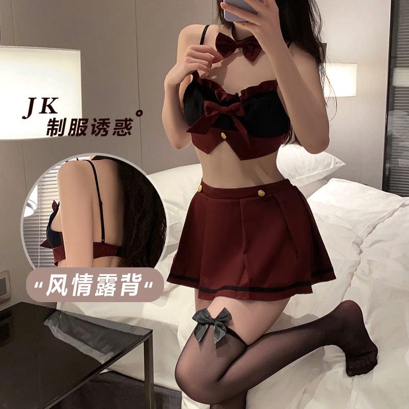 百褶裙露腰诱惑JK学生装制服套装 - blissboxmall