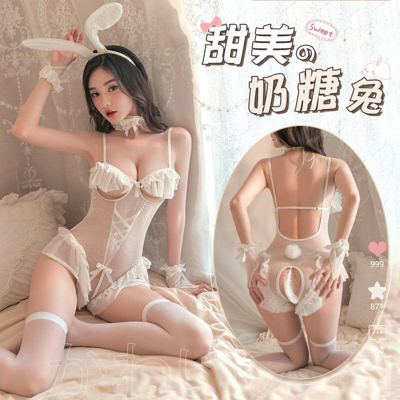 甜美的奶糖花边露胸开裆兔女郎连体衣套装 - blissboxmall