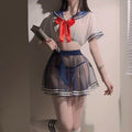 海军领蝴蝶结装饰网纱透视诱惑学生制服 - blissboxmall